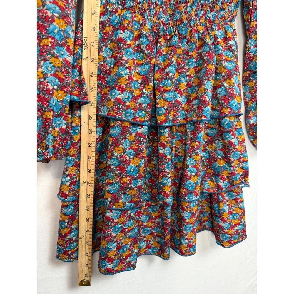BTFBM Women's Mini Dress Floral Smocked Tiered Cottagecore Square Neck Small NWT